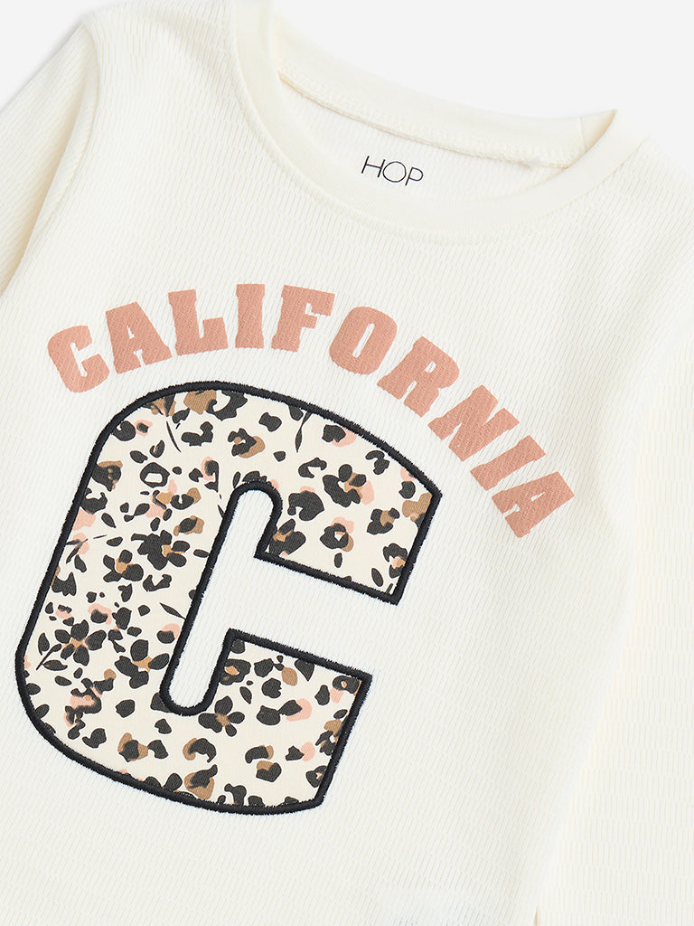 HOP Kids Off-White Text Design Ribbed Cotton T-Shirt