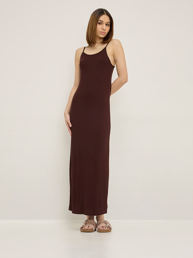 Superstar Brown Ribbed Textured Straight Dress