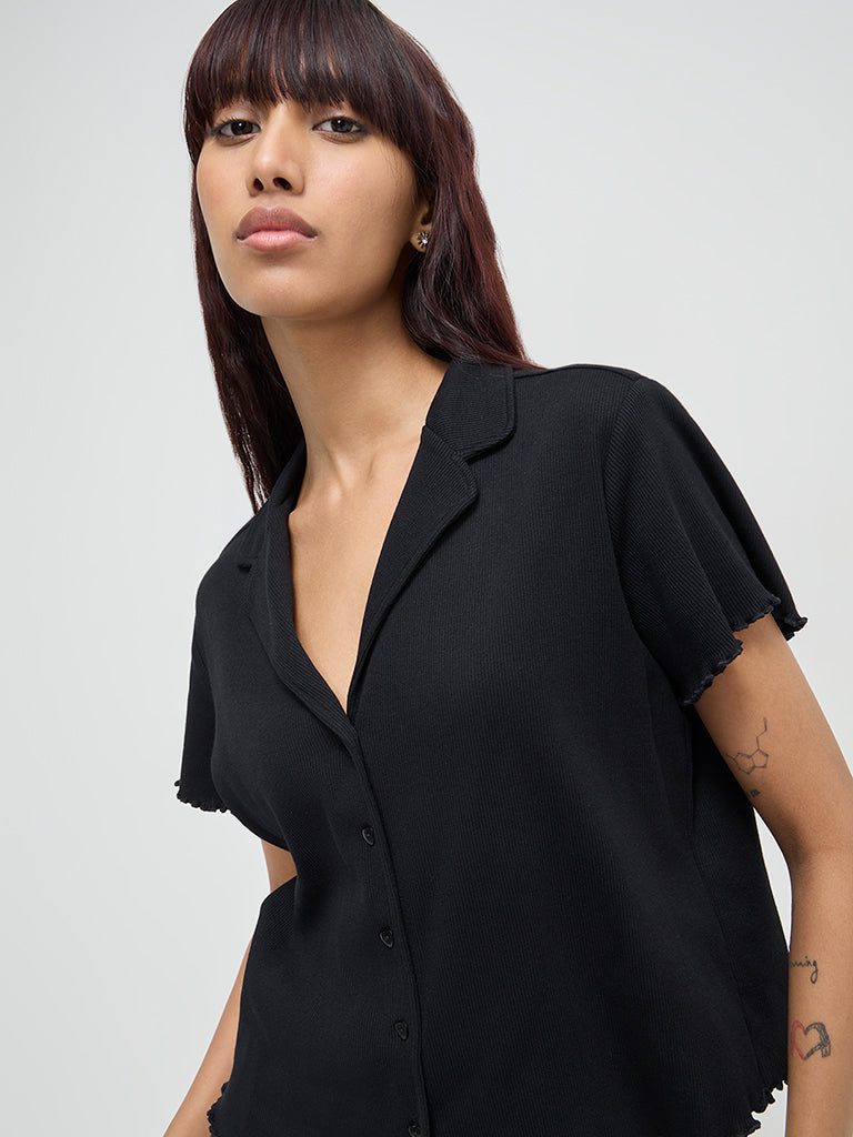 Superstar Black Ribbed Textured Cotton Blend Shirt