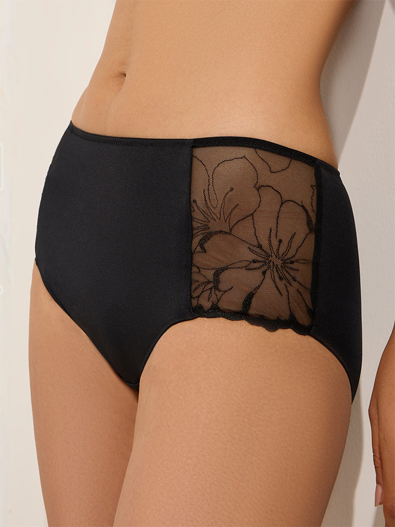 Wunderlove Black Floral Embroidered Full Brief