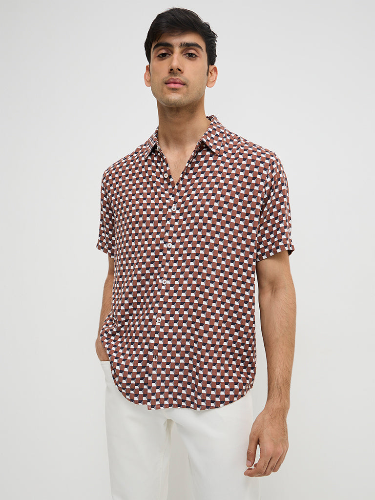 Ascot Brown Geometric Relaxed-Fit Shirt