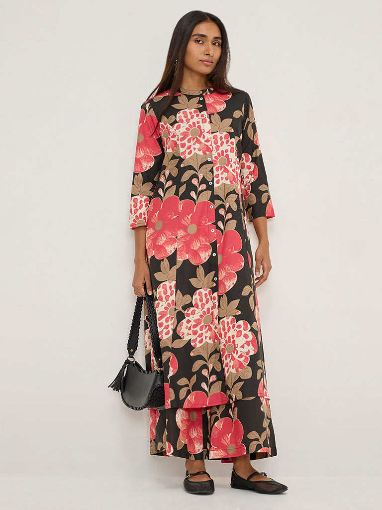 Utsa Black Floral Printed A-Line Kurta