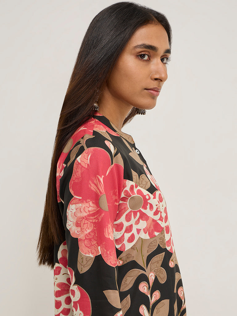 Utsa Black Floral Printed A-Line Kurta