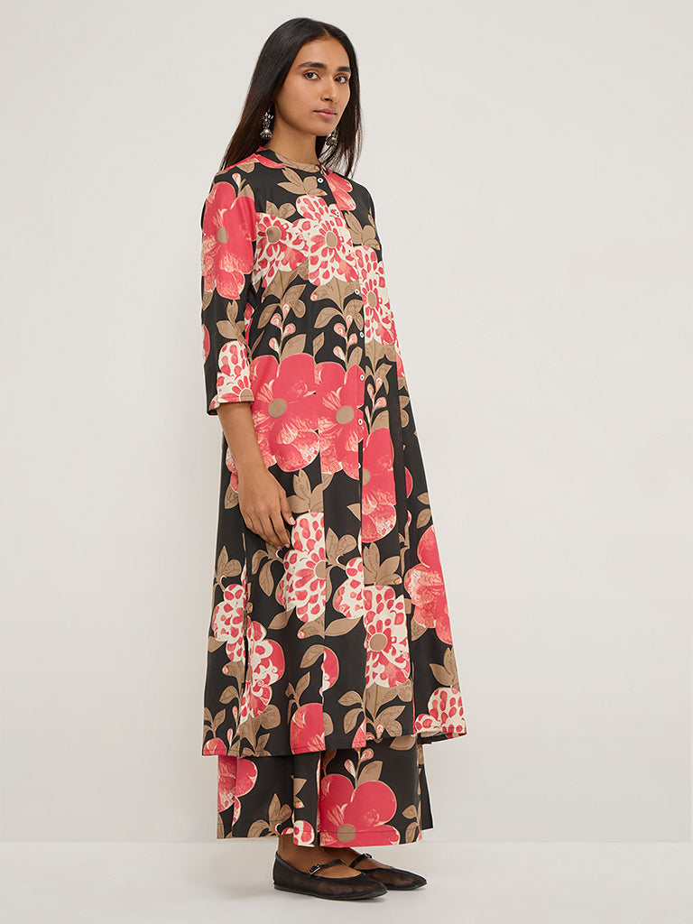 Utsa Black Floral Printed A-Line Kurta