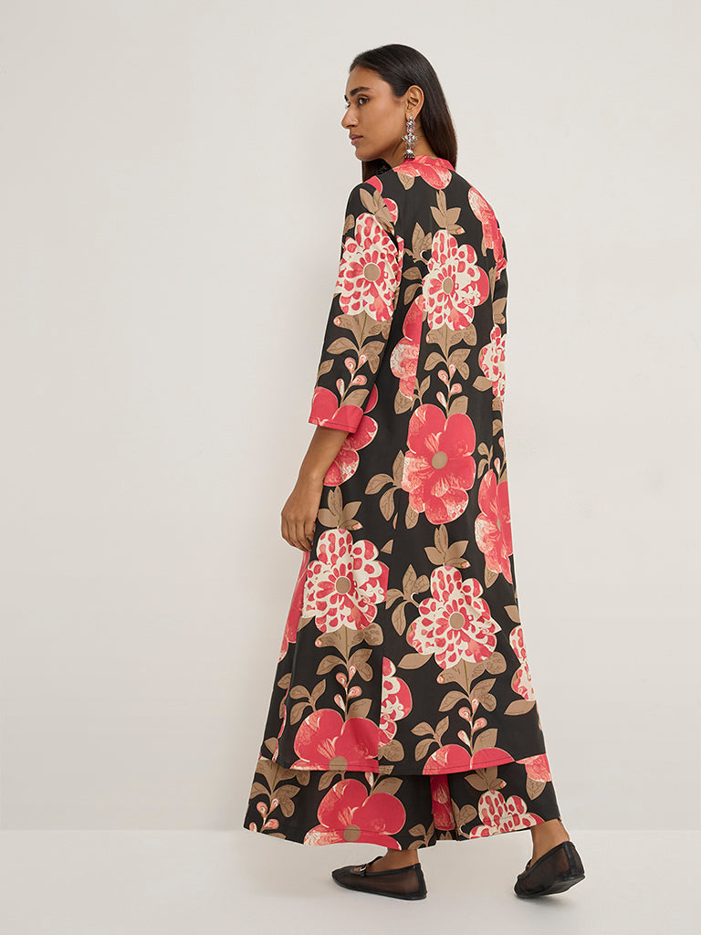 Utsa Black Floral Printed A-Line Kurta