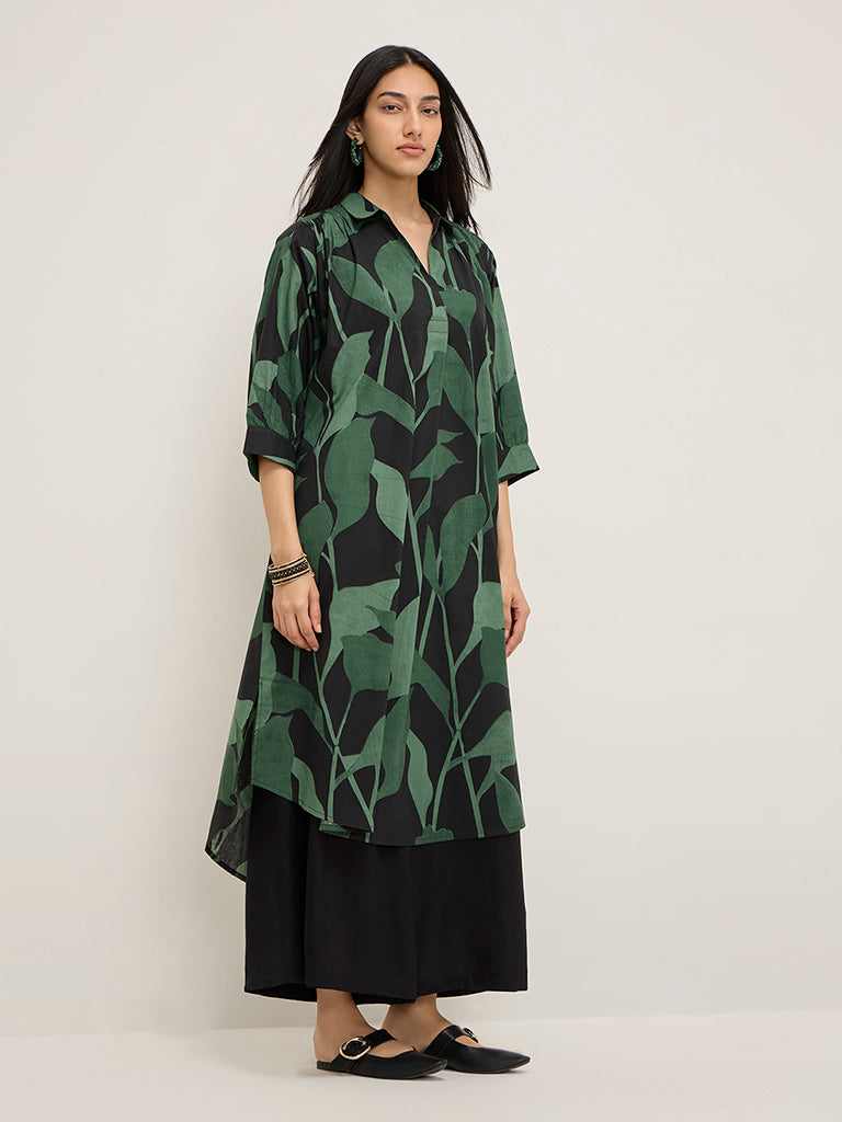 Utsa Green Tropical Printed High-Low Cotton Kurta