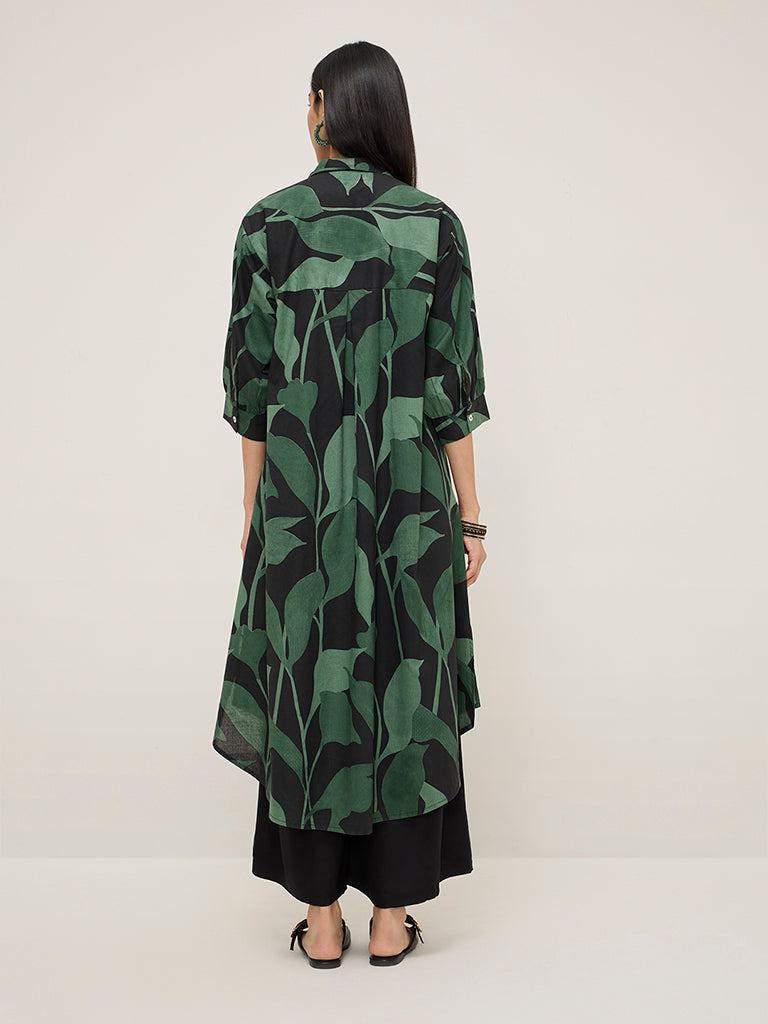 Utsa Green Tropical Printed High-Low Cotton Kurta