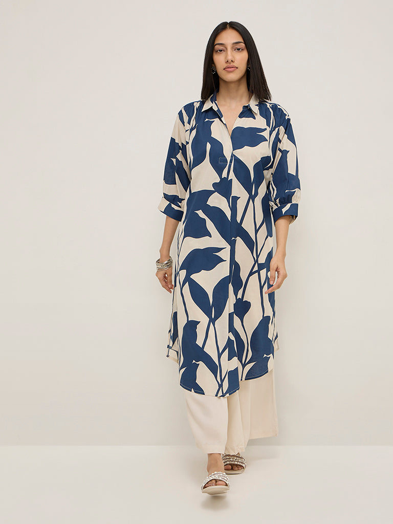 Utsa Indigo Tropical Printed High-Low Cotton Kurta