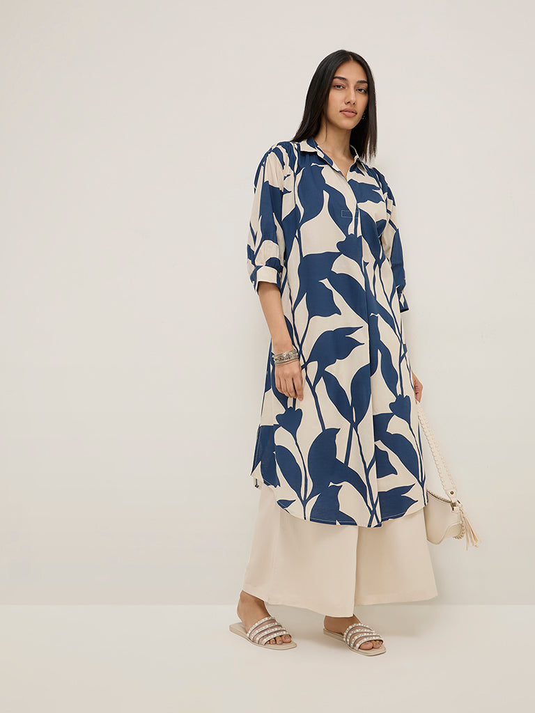 Utsa Indigo Tropical Printed High-Low Cotton Kurta