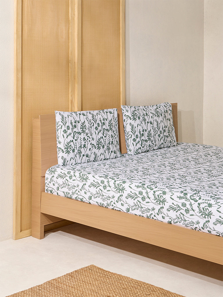 Westside Home Dark Green Print Double Bed Flat Sheet and Pillowcase Set