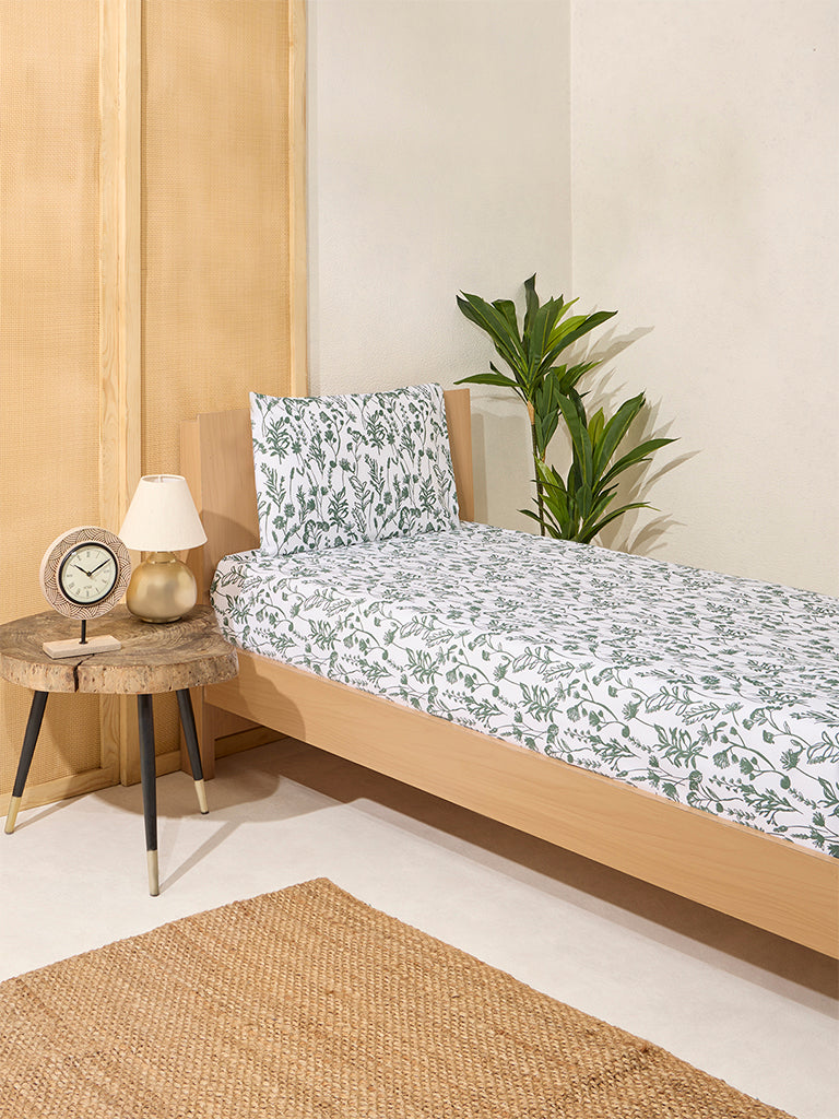 Westside Home Dark Green Print Single Bed Flat Sheet and Pillowcase Set