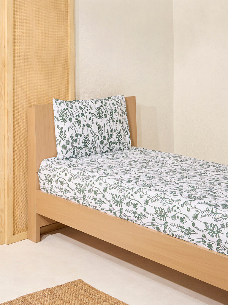 Westside Home Dark Green Print Single Bed Flat Sheet and Pillowcase Set