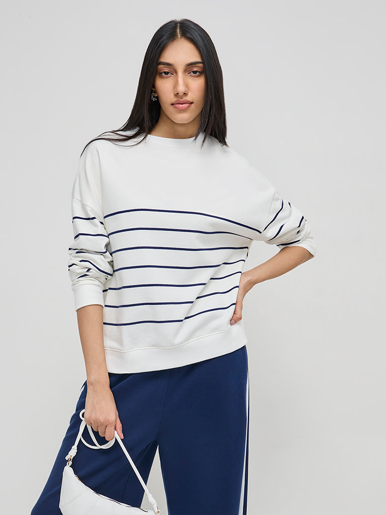 LOV White Stripe Printed Cotton Sweatshirt