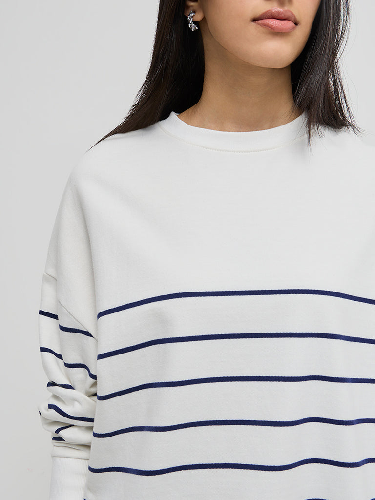 LOV White Stripe Printed Cotton Sweatshirt