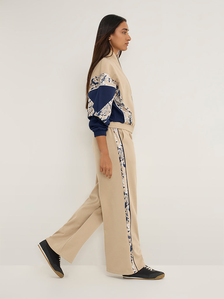 LOV Beige Abstract Design High-Rise Cotton-Blend Track Pants