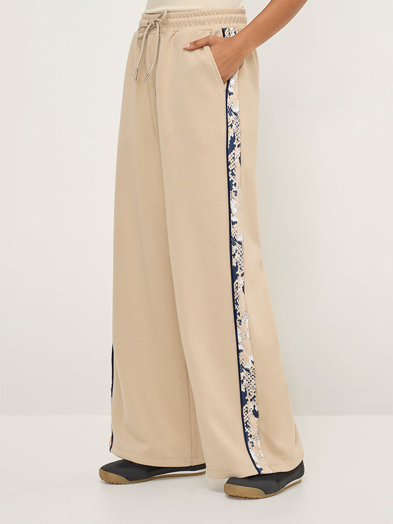 LOV Beige Abstract Design High-Rise Cotton-Blend Track Pants