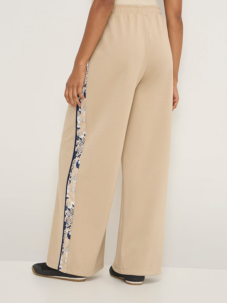 LOV Beige Abstract Design High-Rise Cotton-Blend Track Pants