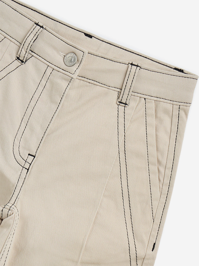 HOP Kids Beige High-Rise Cotton Blend Trousers