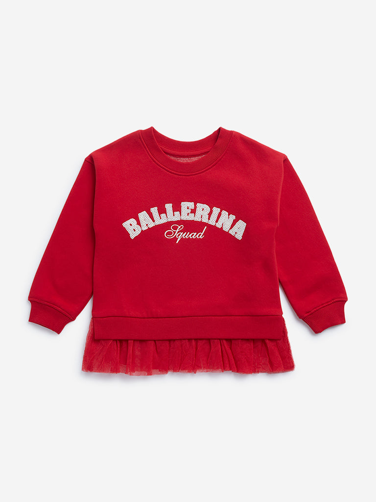 HOP Kids Red Sequin Text Design Cotton-Blend Sweater