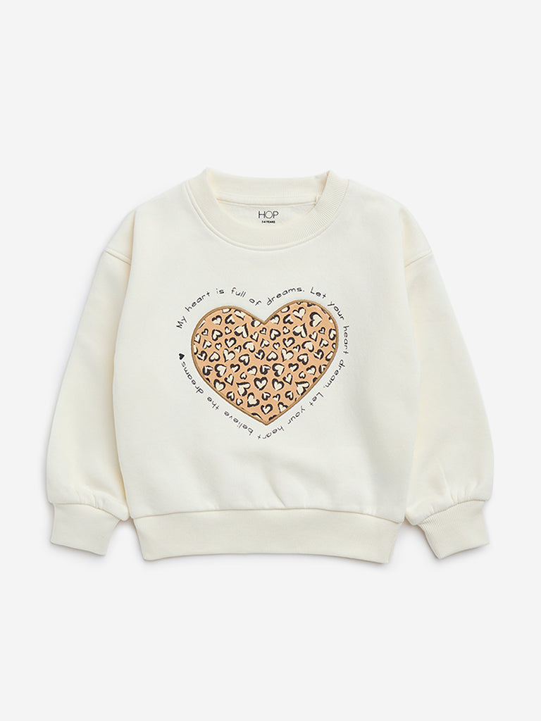 HOP Kids Off-White Heart Design Cotton Blend Sweatshirt