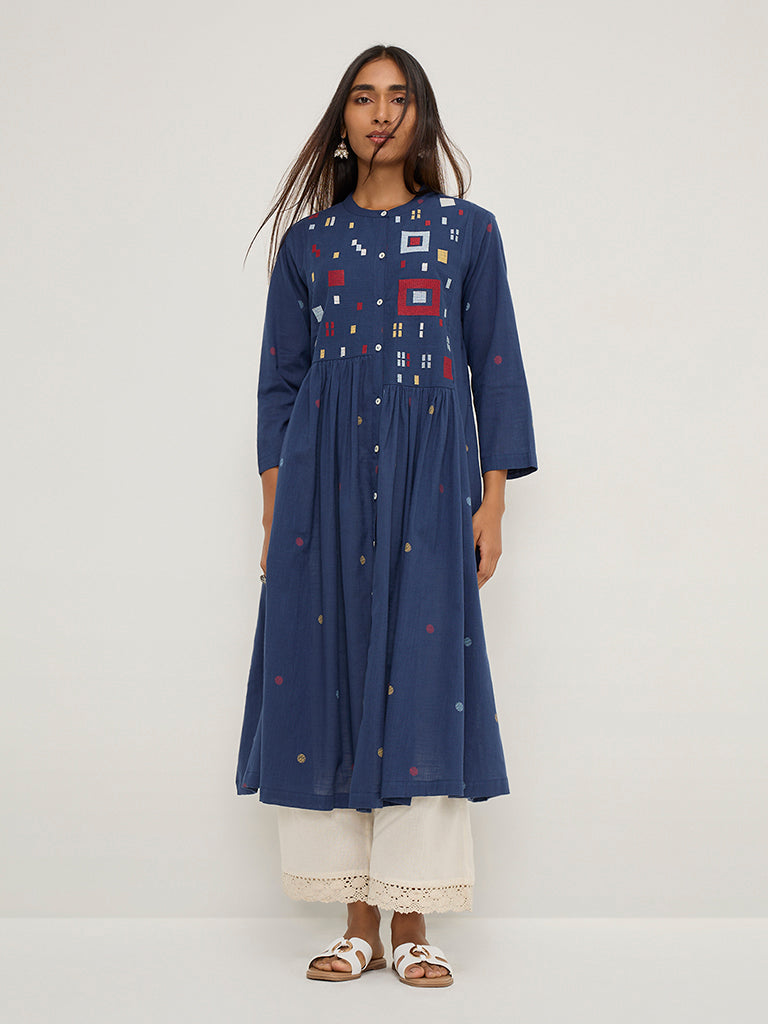 Utsa Navy Geometric Design Fit-and-Flare Cotton Kurta