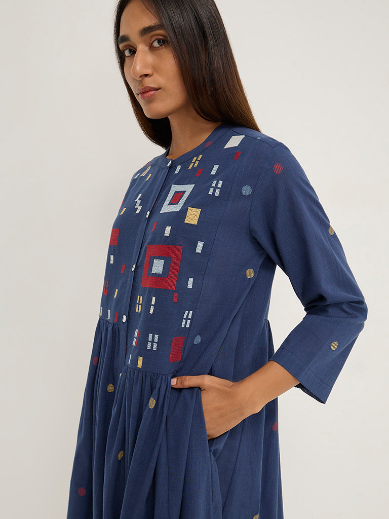 Utsa Navy Geometric Design Fit-and-Flare Cotton Kurta