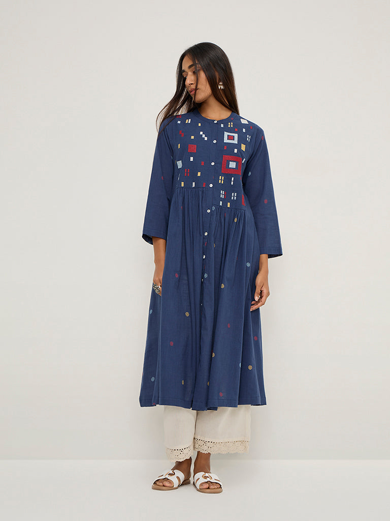 Utsa Navy Geometric Design Fit-and-Flare Cotton Kurta