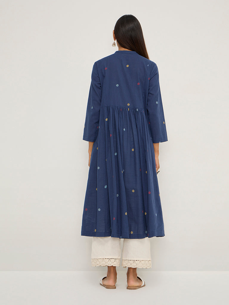 Utsa Navy Geometric Design Fit-and-Flare Cotton Kurta