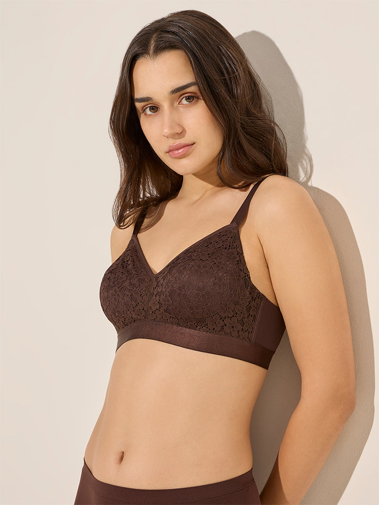 Wunderlove Brown Floral Lace Designed Padded Soft Bra