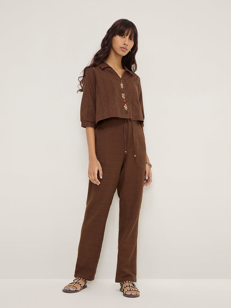 Bombay Paisley Brown High-Rise Cotton-Blend Pants