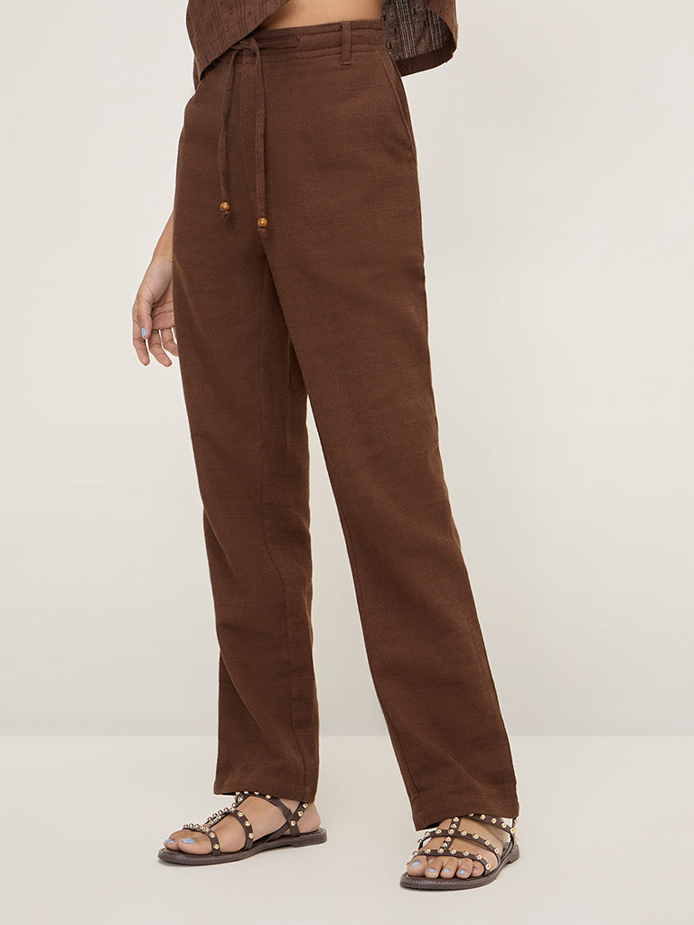 Bombay Paisley Brown High-Rise Cotton Blend Pants