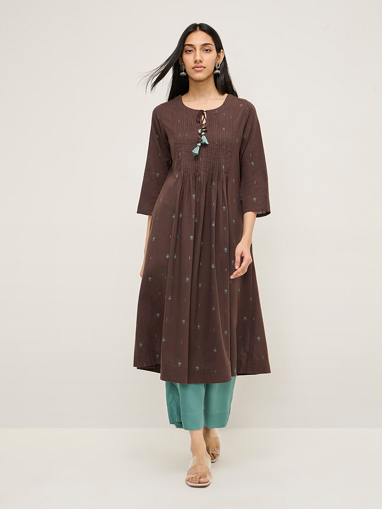 Utsa Brown Pintuck-Detailed A-Line Cotton Kurta