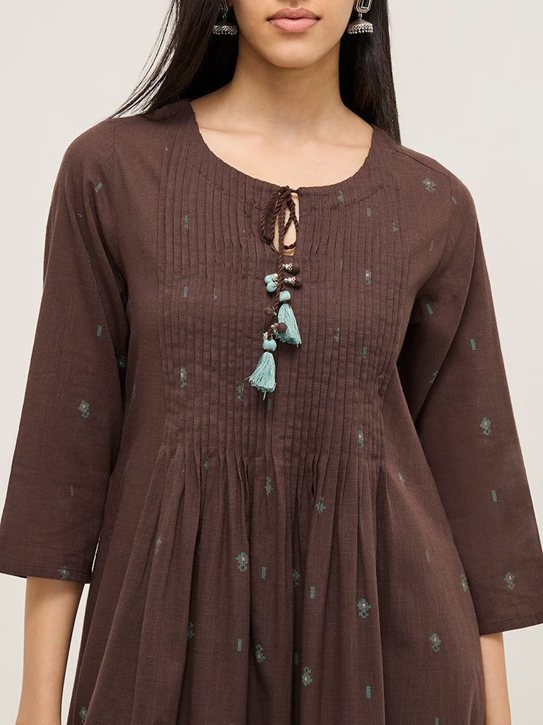 Utsa Brown Pintuck-Detailed A-Line Cotton Kurta