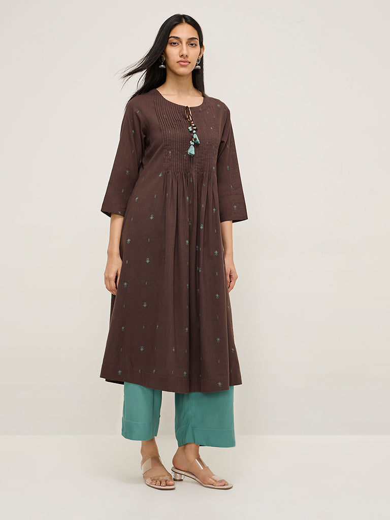 Utsa Brown Pintuck-Detailed A-Line Cotton Kurta