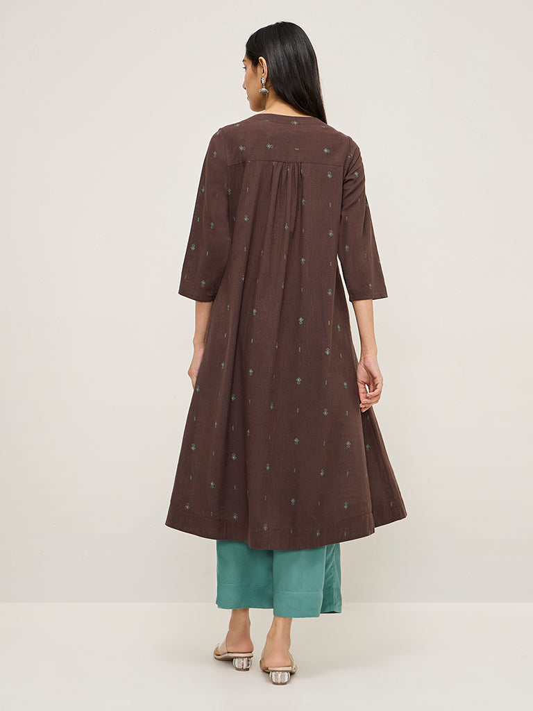 Utsa Brown Pintuck-Detailed A-Line Cotton Kurta