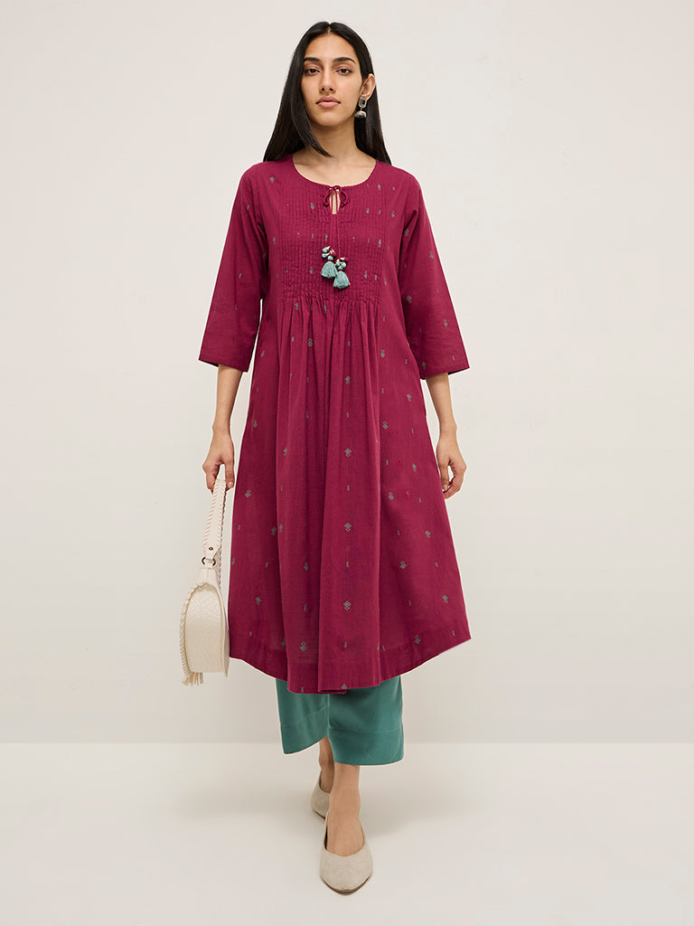 Utsa Maroon Pintuck Detailed A-Line Cotton Kurta