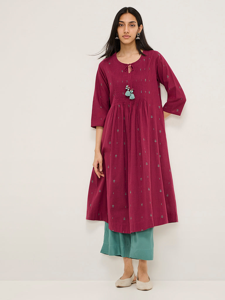 Utsa Maroon Pintuck Detailed A-Line Cotton Kurta