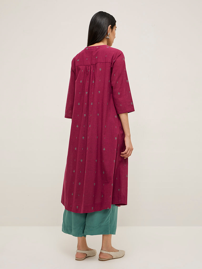 Utsa Maroon Pintuck Detailed A-Line Cotton Kurta