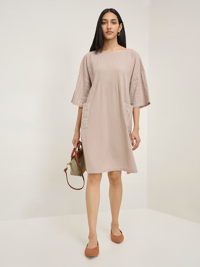 Utsa Beige Schiffli Design Cotton A-Line Dress