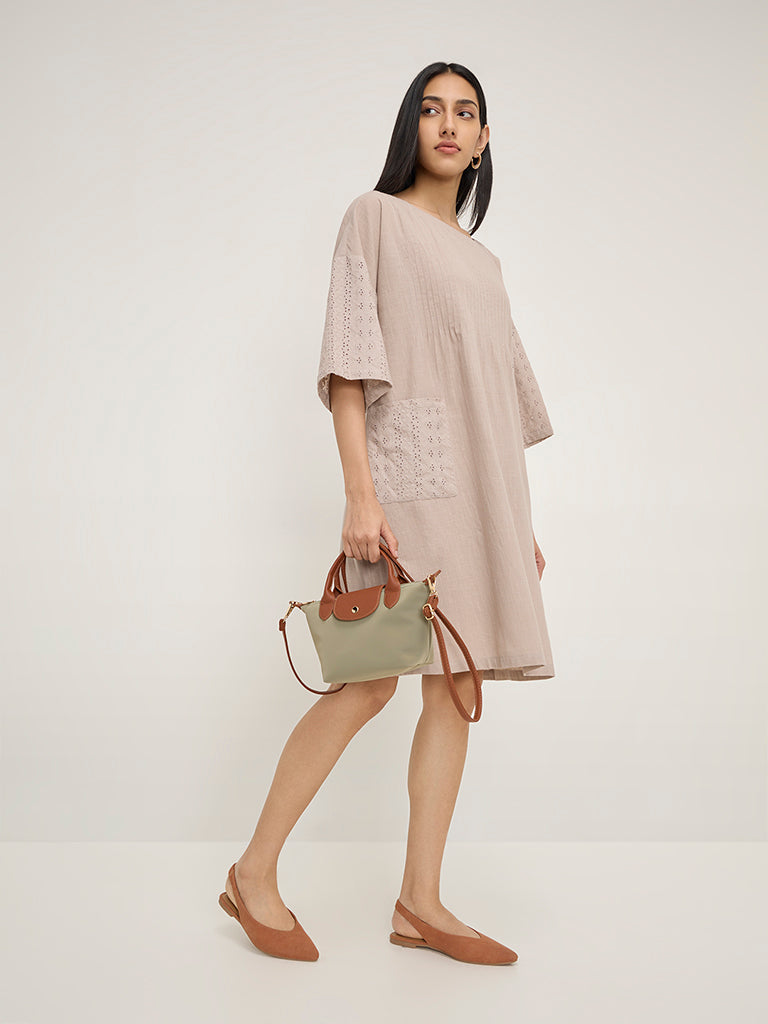 Utsa Beige Schiffli Design Cotton A-Line Dress