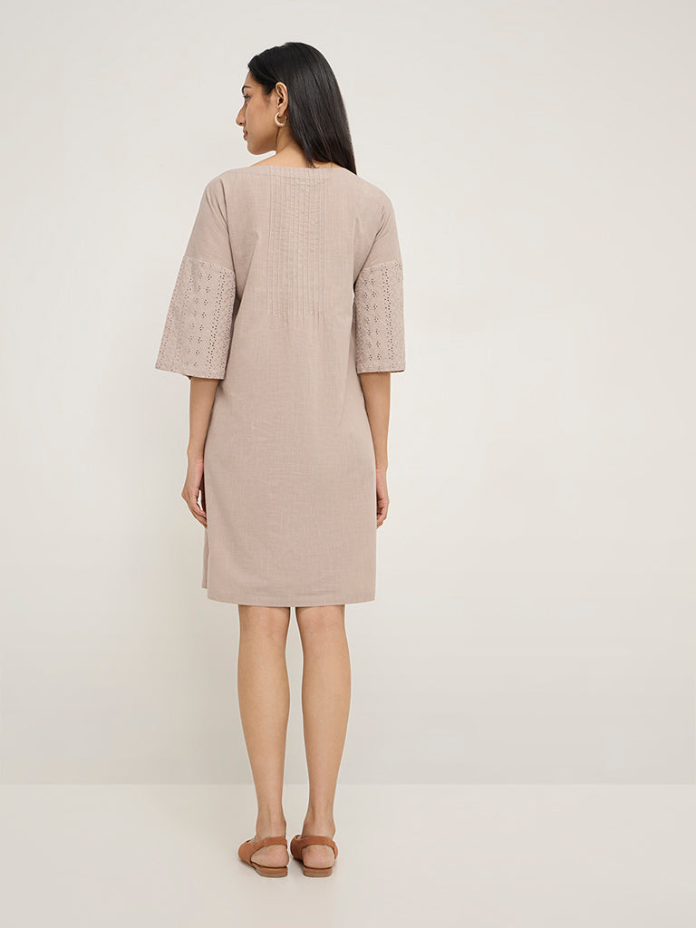 Utsa Beige Schiffli Design Cotton A-Line Dress