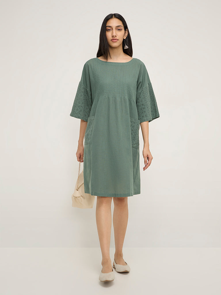 Utsa Teal Schiffli Design Cotton A-Line Dress