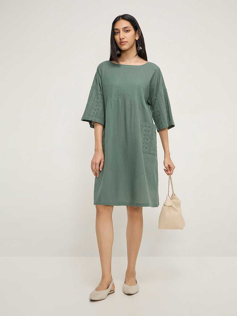 Utsa Teal Schiffli Design Cotton A-Line Dress