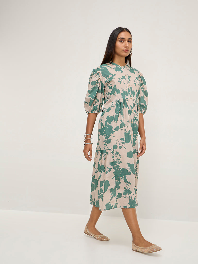 Utsa Beige Botanical Design Cotton A-Line Dress