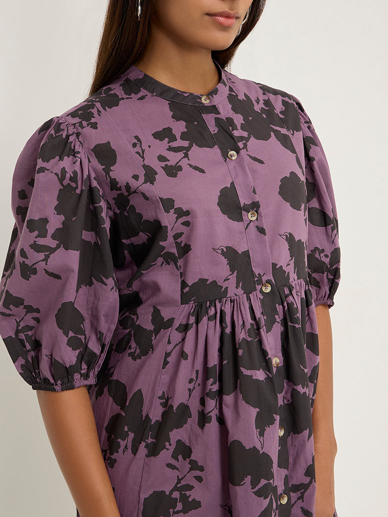 Utsa Purple Botanical Design Cotton A-Line Dress