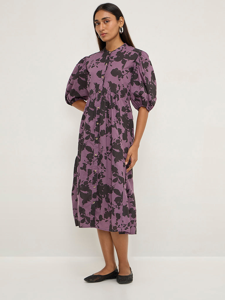 Utsa Purple Botanical Design Cotton A-Line Dress