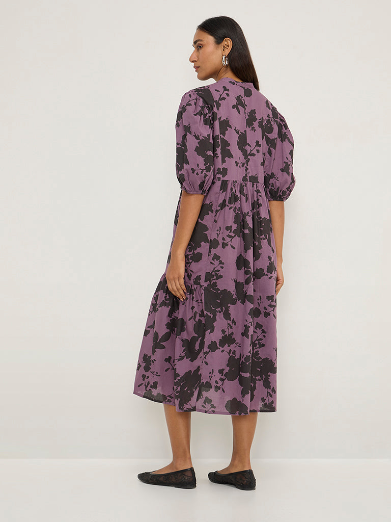 Utsa Purple Botanical Design Cotton A-Line Dress