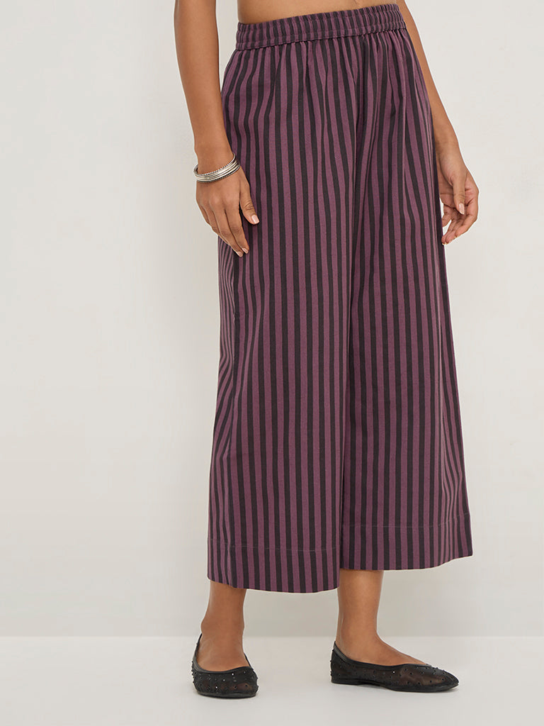 Utsa Purple Striped High-Rise Cotton Blend Ethnic Pants