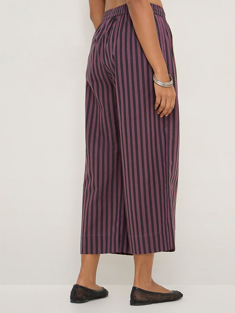 Utsa Purple Striped High-Rise Cotton Blend Ethnic Pants