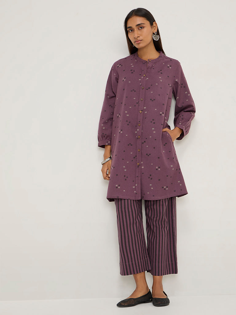 Utsa Purple Striped High-Rise Cotton Blend Ethnic Pants